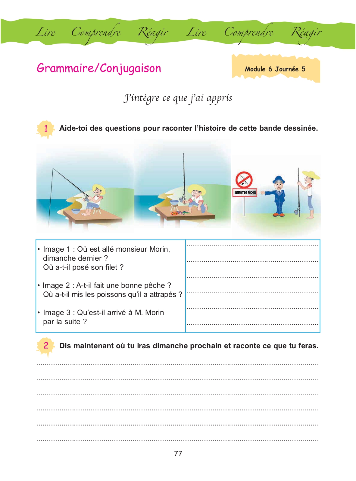 Grammaire/Conjugaison, Module 6, Journée 5 : J'intègre ce que j'ai appris — la pêche interdite de M. Morin, avec aller et faire au passé composé et au futur, et le complément de lieu
